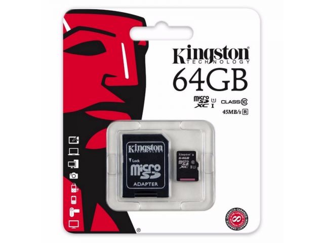 MEMORIA MICRO SD KINGSTON  DE 64 GB CLASE 10 CON ADAPTADOR