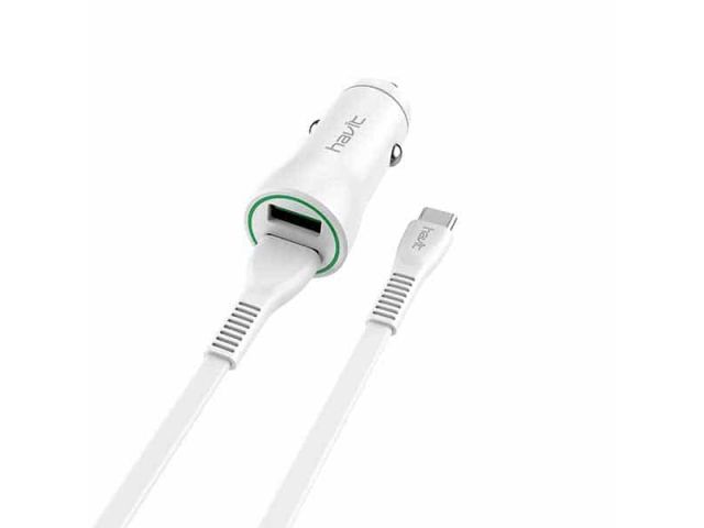 CARGADOR HAVIT PARA AUTOMOVIL CARGA RAPIDA CON 2 PUERTO USB Y UN CABLE USB TIPO C DE 1 M 3.0 A WHITE