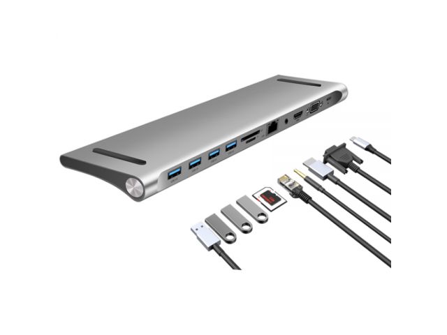 Hub Multiplicador de puertos 11 en 1 de Tipo C a USB*4Tipo CHDMIVGAEthernet3.5mm AudioMicro SDSD