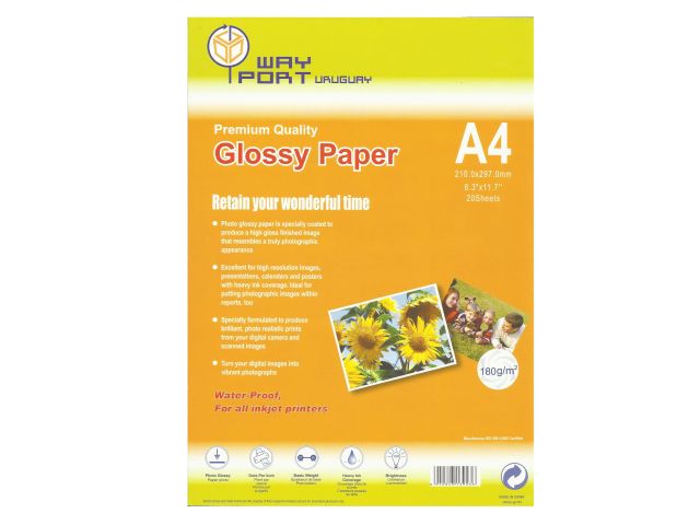 PAPEL WAYPORT GLOSSY TINTAS DYE 180 GR A4 X20