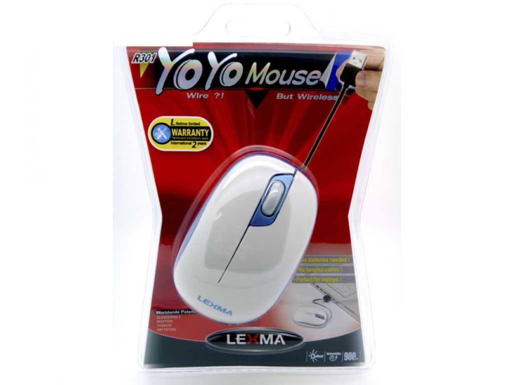 MOUSE YOYO PTICO, CABLE RETRACTIL INCORPORADO, BLANCO/CELESTE