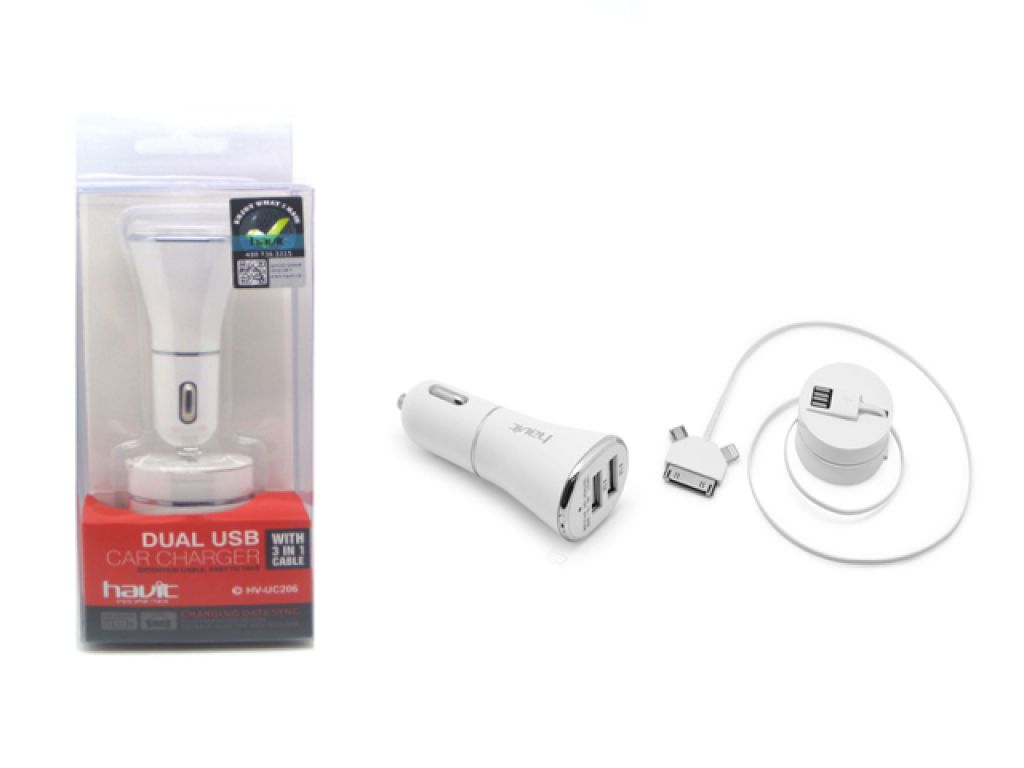 CARGADOR HAVIT  PARA AUTOMOVIL CON 2 PUERTOS MICRO USB P/Iphone 4 y 5 - 75CM DE LARGO DEL CABLE