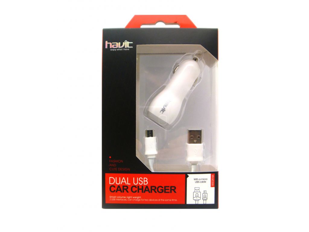 CARGADOR HAVIT USB CON CABLE A MICRO USB PARA AUTO  2 PUERTOS