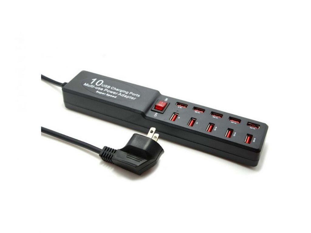 CARGADOR GENERICO 220V A 10 PUERTOS USB 2.0 CON LLAVE DE ENCENDIDO/TOMA SCHUCKO (DE 0.5A - 2.1A)