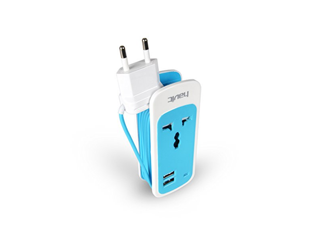 CARGADOR HAVIT USB MULTIPUERTO 2 BOCAS CON TOMA UNIVERSAL - CONEXION A 220V - CABLE ENROLLADO