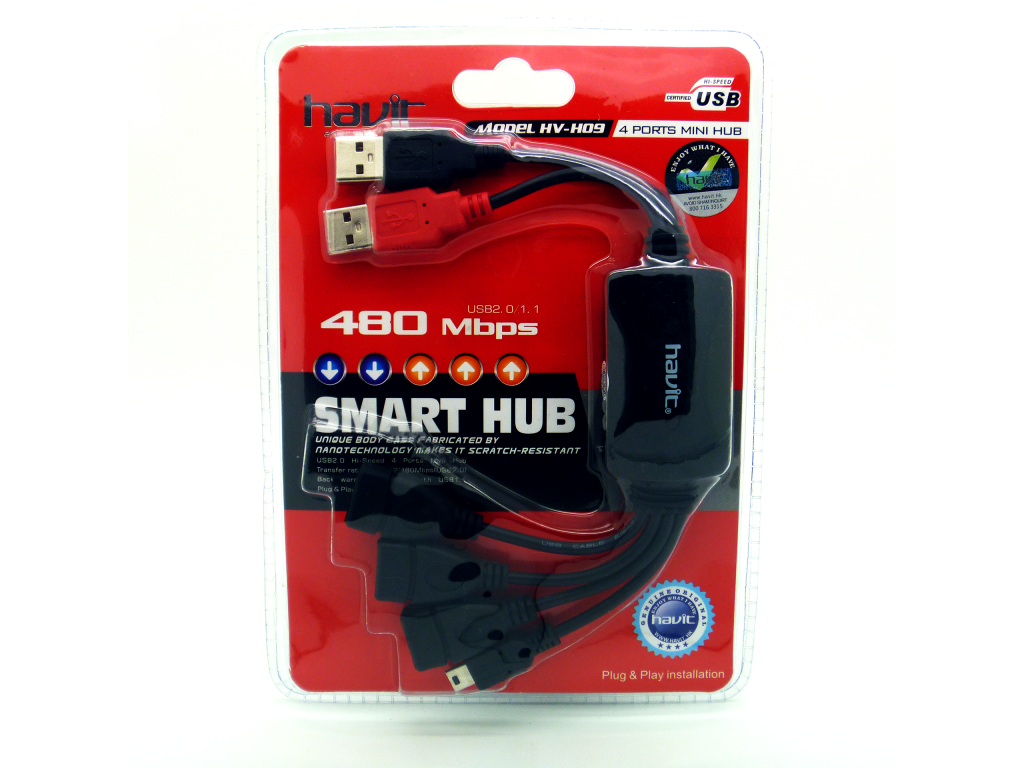 HUB HAVIT USB HEMBRA Y CONECTORES A MINI-USB, 5P,  NEGRO