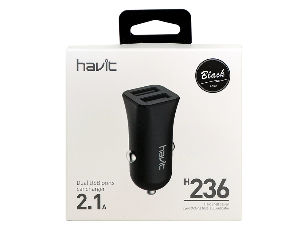 CARGADOR HAVIT PARA AUTO CON DOLBE ENTRADA USB, 5V/2.1A, COLOR NEGRO