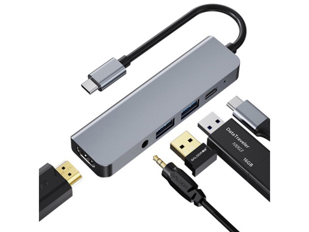 Hub Cable Multiplicador de puertos 5 en 1 de Tipo C a USB*2/Tipo C/HDMI/3.5mm Audio
