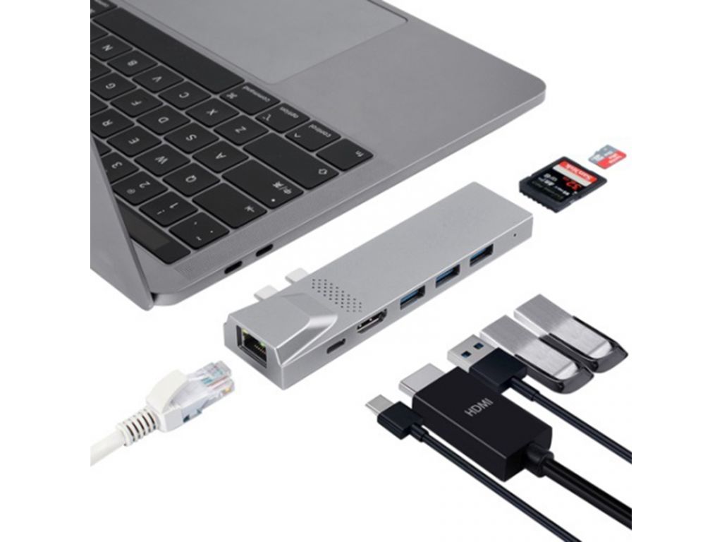 Hub Adaptador 8 en 1 de Tipo C a HDMI/SD/Micro SD/USB*3/Ethernet/Tipo C 