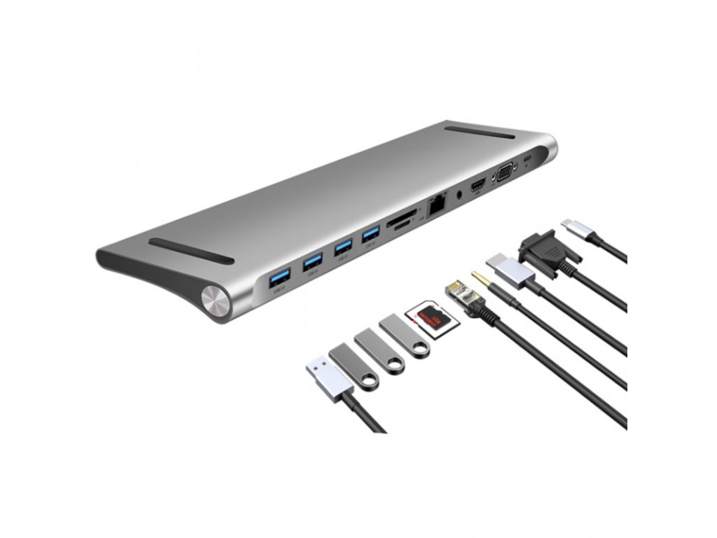 Hub Multiplicador de puertos 11 en 1 de Tipo C a USB*4/Tipo C/HDMI/VGA/Ethernet/3.5mm Audio/Micro SD/SD
