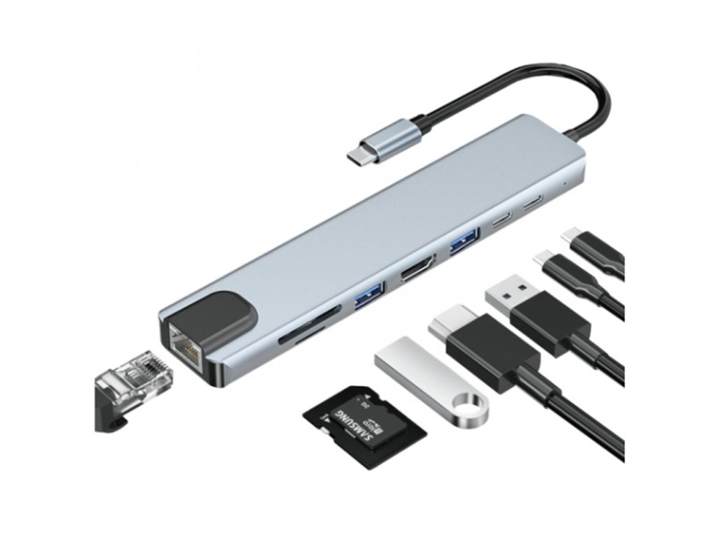 Hub Cable Multiplicador de puertos 8 en 1 de Tipo C a USB*2/Tipo C*2/HDMI/Ethernet/Micro SD/SD