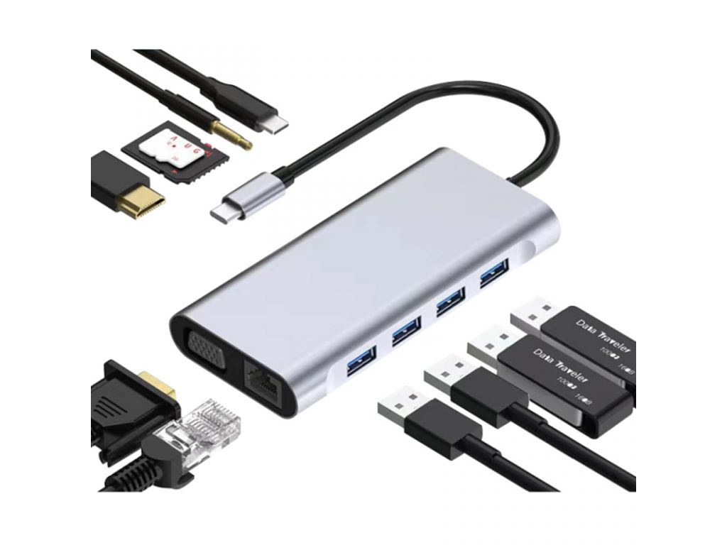 Hub Cable Multiplicador de puertos 11 en 1 de Tipo C a USB*4/Tipo C/HDMI/VGA/SD/Micro SD/3.5mm Audio/Ethernet