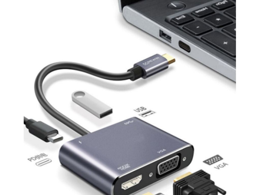 Hub Cable Multiplicador de puertos 4 en 1 de Tipo C a USB/Tipo C/VGA/HDMI