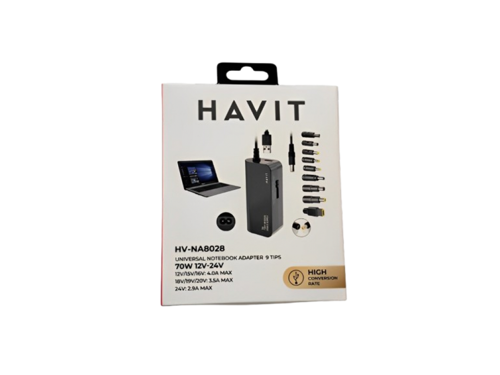 CARGADOR HAVIT UNIVERSAL PARA  NOTEBOOK, 70W INCLUYE PUERTO DE CARGA USB